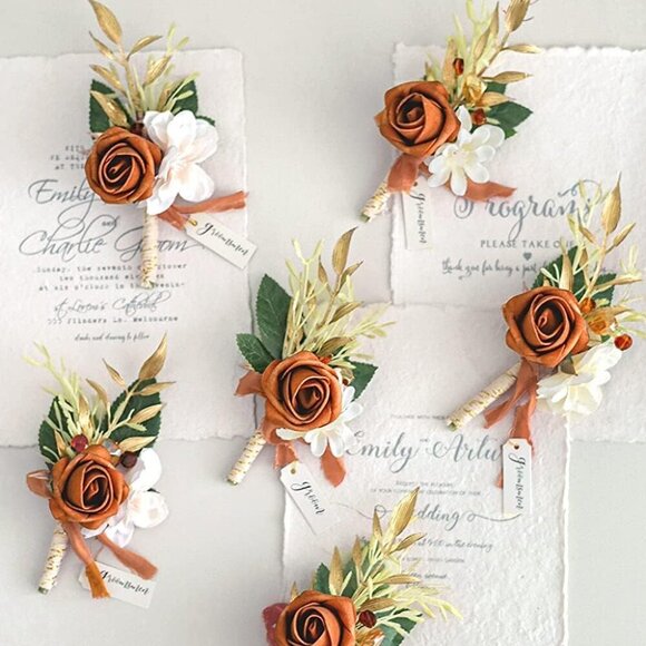 Set of 6 Terracotta Wedding Boutonniere for Men Artificial Flowers for Wedding G - Picture 5 of 9